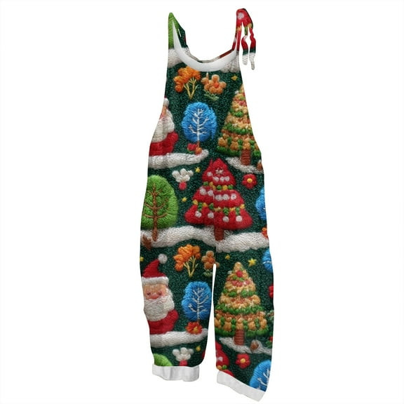 Women's Christmas Print Suspender Jumpsuit - Casual Loose Retro Cotton Linen One-Piece, Dark Green Size L