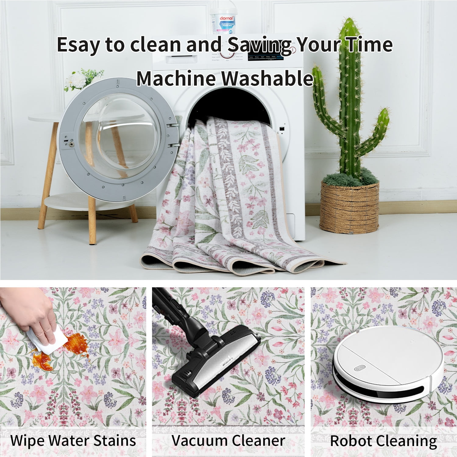Astorug 4x6 Ft Pink Floral Area Rug - Machine Washable Low Pile Non-Slip Carpet, Boho Vintage Farmhouse Decor for Living Room, Bedroom, Nursery & Office