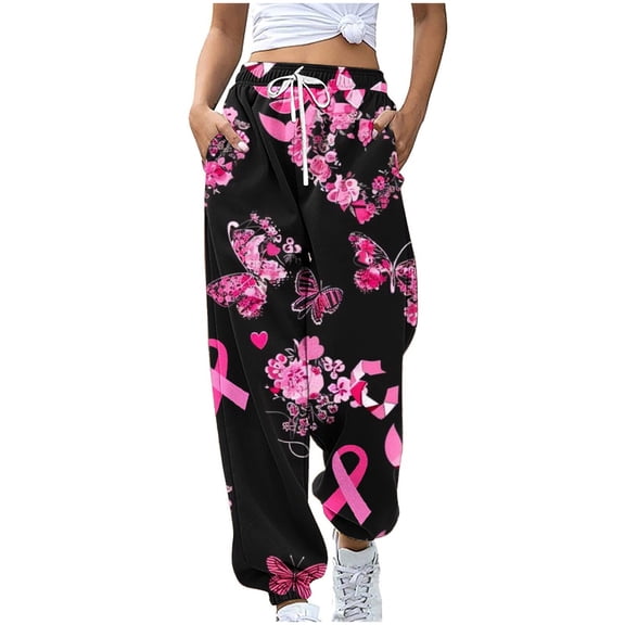 Sweatpants for Women Pink Ribbon Drawstring Jogging Trousers with Pocket High Waist Breast Cancer Awareness Pants, Black, XXL