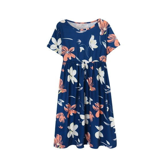 Cathalem Girls Dress Summer A Line Twirly Skater Loose Casual/Party Dresses,Navy 120