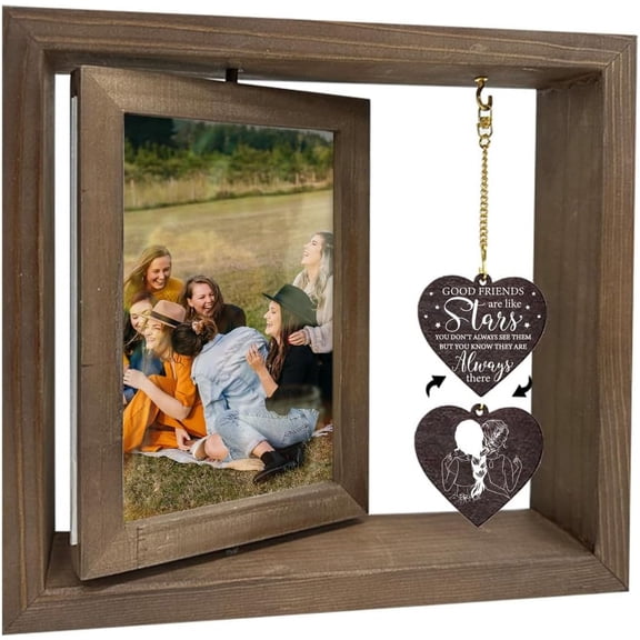 1 Pc Wood Rotating Picture Frame Dark Brown Good Friends Are Like Stars Photo Frame with Heart Charms Double Sided Memorial Picture Frame for Friends Women Bestie 4x6inch