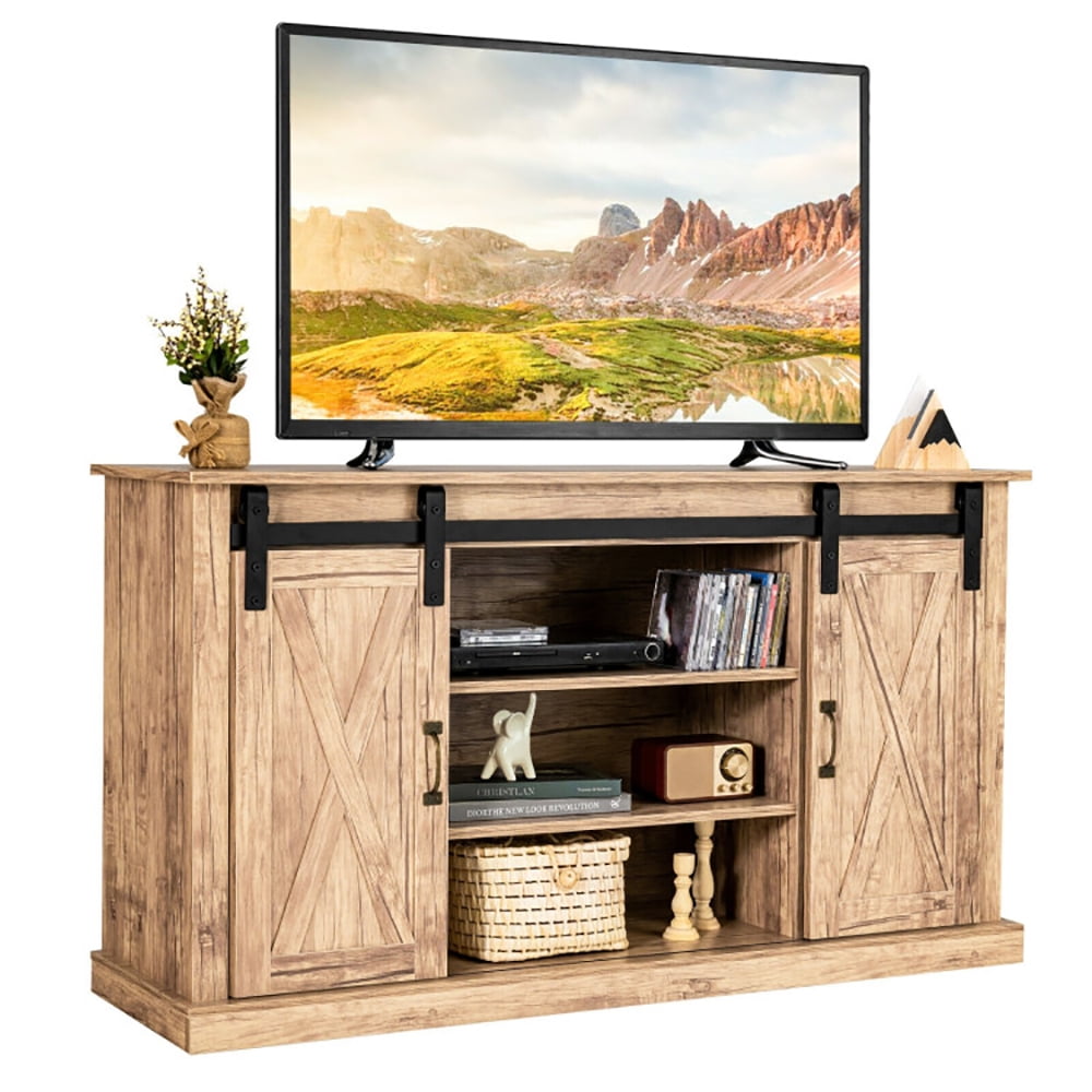 Finihen TV Stand, TV Cabinet, 55 Inch Sliding Barn Door TV Stand with Adjustable Shelves for TVs up to 65 Inch, for Living Room, Bedroom, Natural