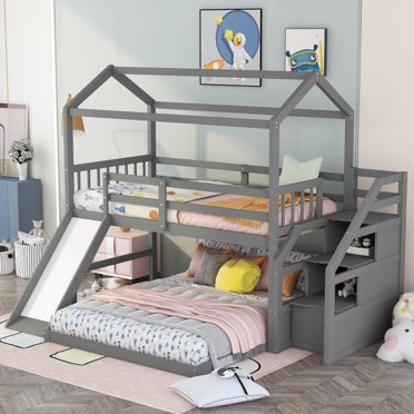 Wooden Tent Bed with Convertible Slide and Storage Staircase for Toddlers, Twin over Full House Beds with Fence for Kids, Wood Loft Bed Frame Bedroom Furniture for Girls Boys(Gray)