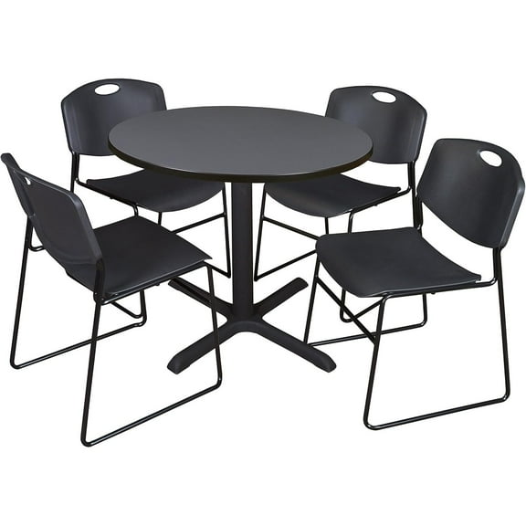 HomeStock Boldly Bohemian 36" Round Breakroom Table- Grey & 4 Zeng Stack Chairs- Black, Ideal for Cafeterias, Dining, and Office Spaces
