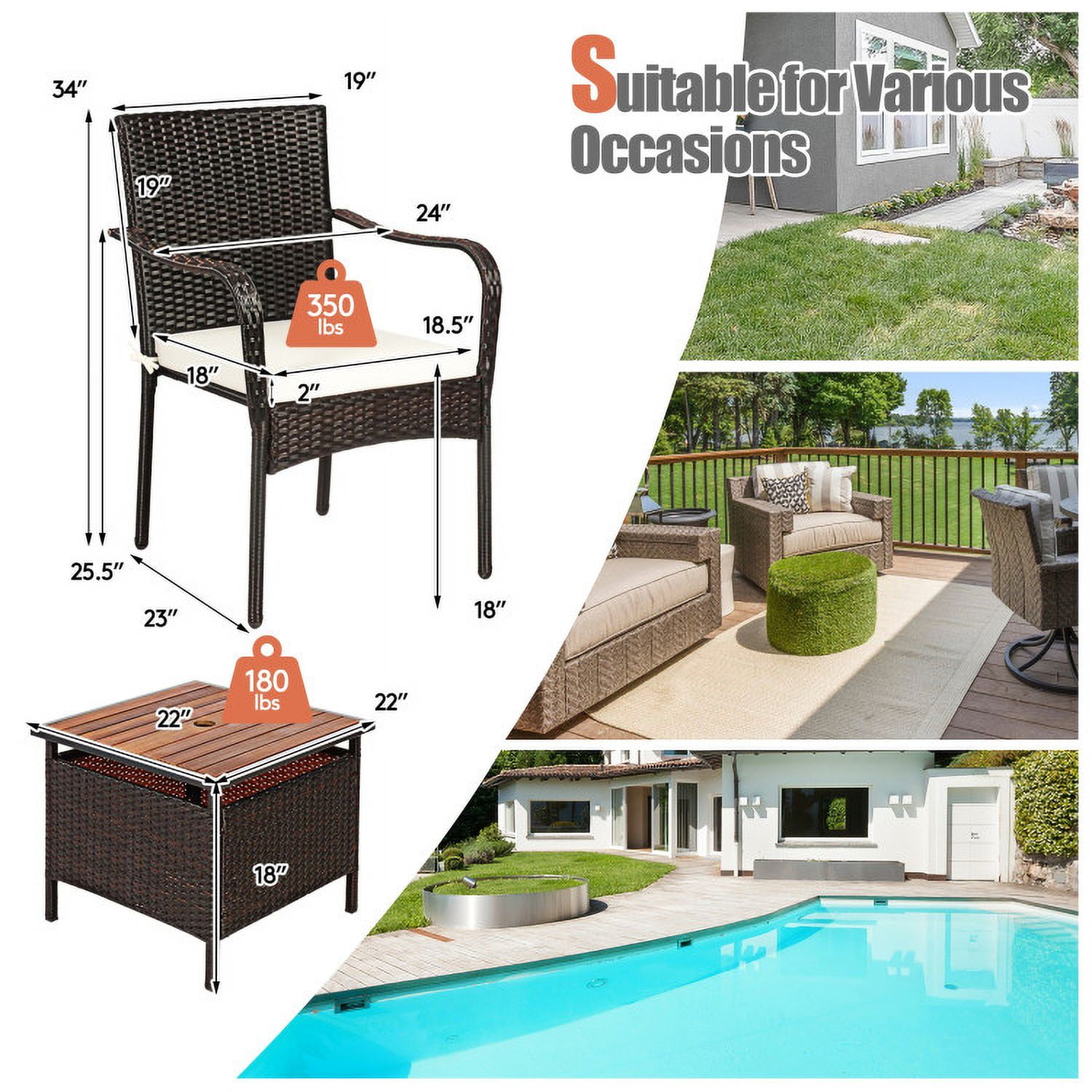 Aimee Lii 3 Pieces Patio Rattan Bistro Set with Wood Side Table and Stackable Chair, Outdoor Patio Furniture