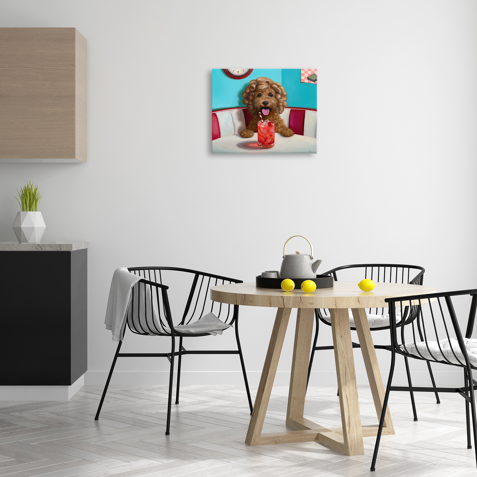 Stupell Industries Dog at Diner with Drink Food & Beverage Painting Wrapped Canvas Art Print Wall Art, 20 x 16
