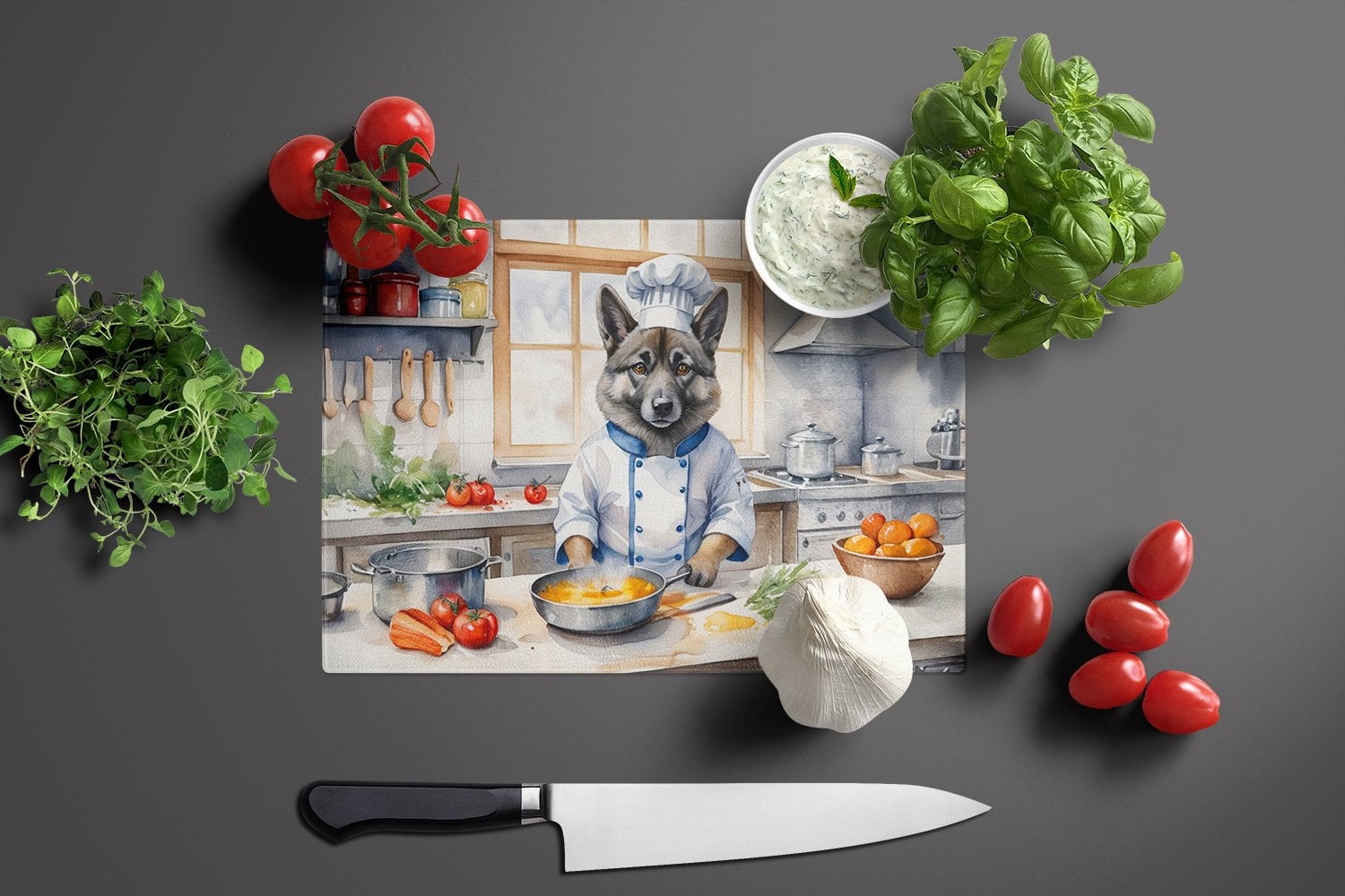 Norwegian Elkhound The Chef Glass Cutting Board 12 in x 15 in