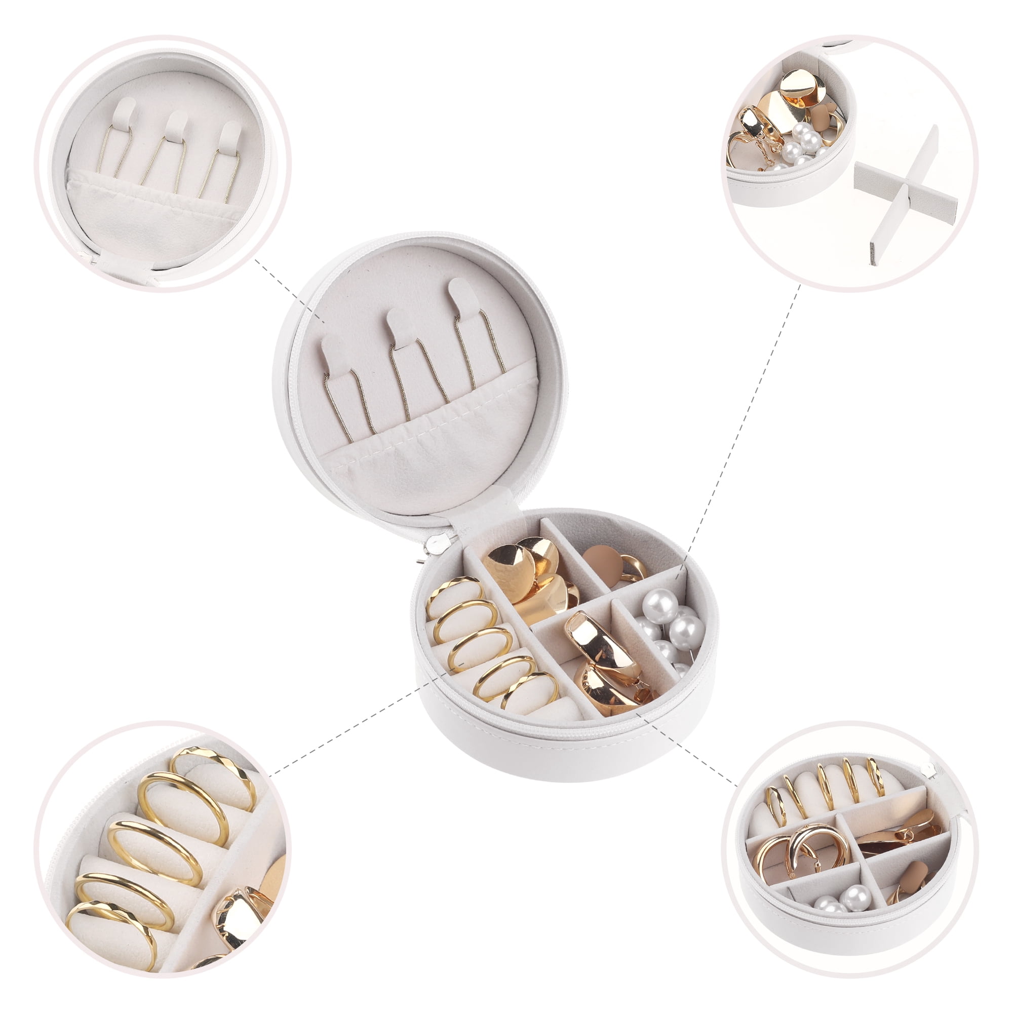 Unique Bargains Travel Jewelry Box Small Round Portable PU Leather Jewelry Organizer Case White