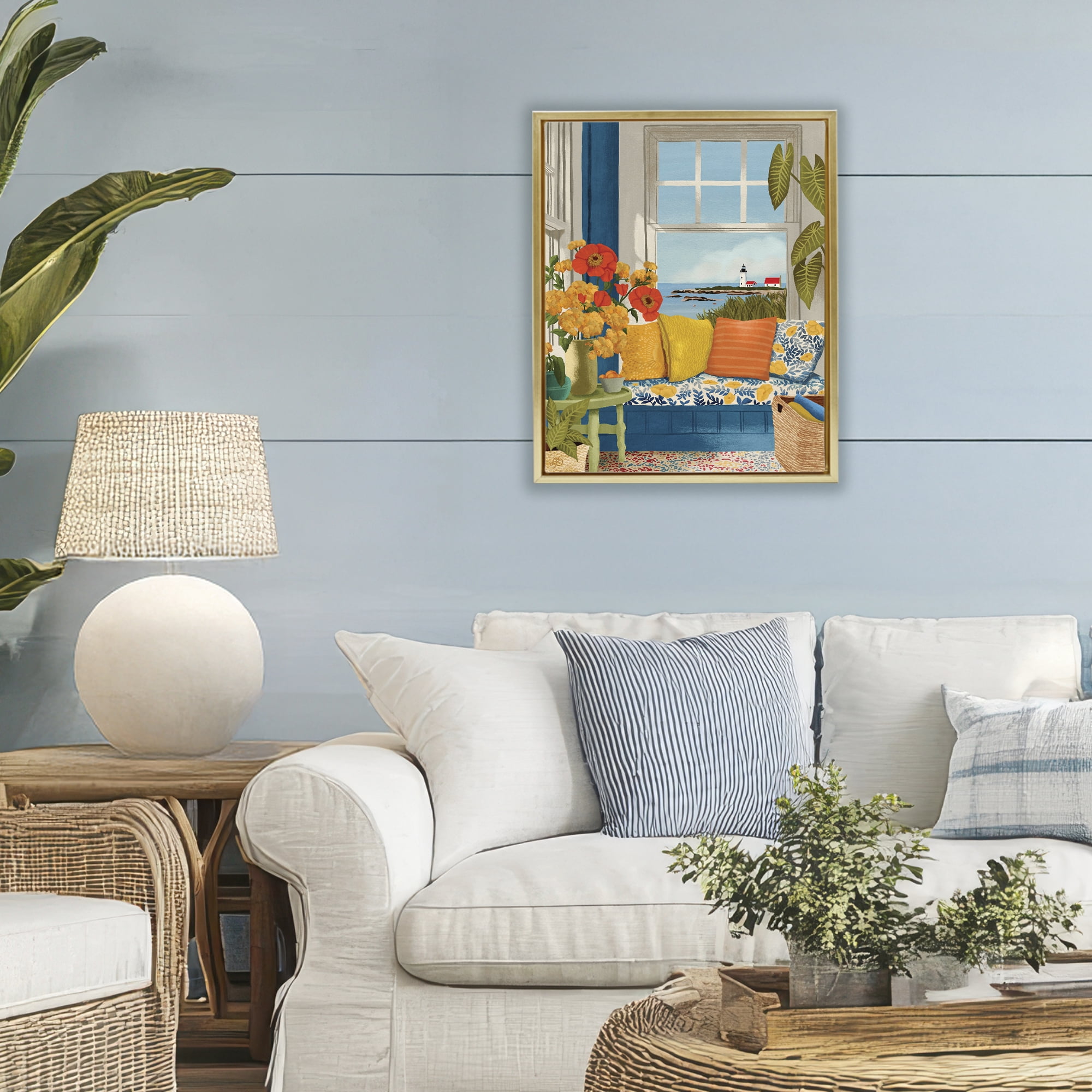 Stupell Industries Distant Lighthouse Window View Gold Framed Floater Canvas Wall Art, design by Lisa R Dumm