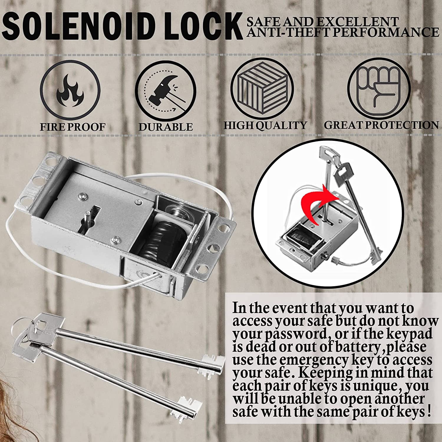 Gun Safe Replacement Black Keypad Gun Safe Lock, Solenoid Mechanism 2 Override Keys