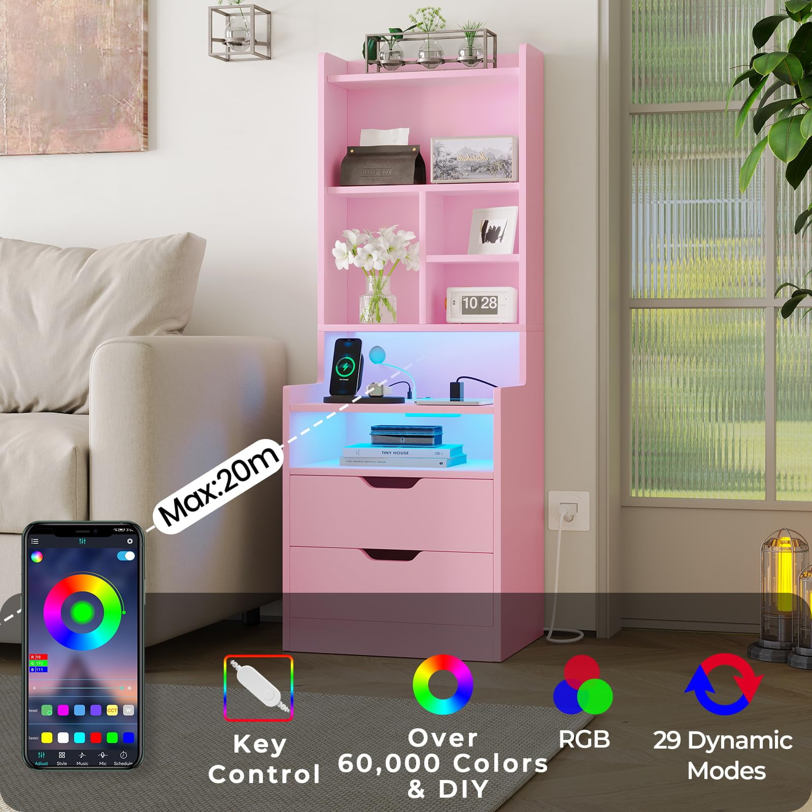 Tall Nightstand with Charging Station and LED Lights,Nightstand with Bookshelf,Bedside Table with Drawers & Power Outlets,End Side Table,Pink