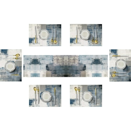 

Emvency Farmhouse Table Runner and Placemats Set of 6 Cotton-Linen Abstract Blue and Grey Painting