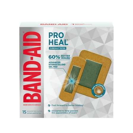 Band-Aid Brand Assorted Pro Heal Bandages, Hydrocolloid Pad, 15 Count