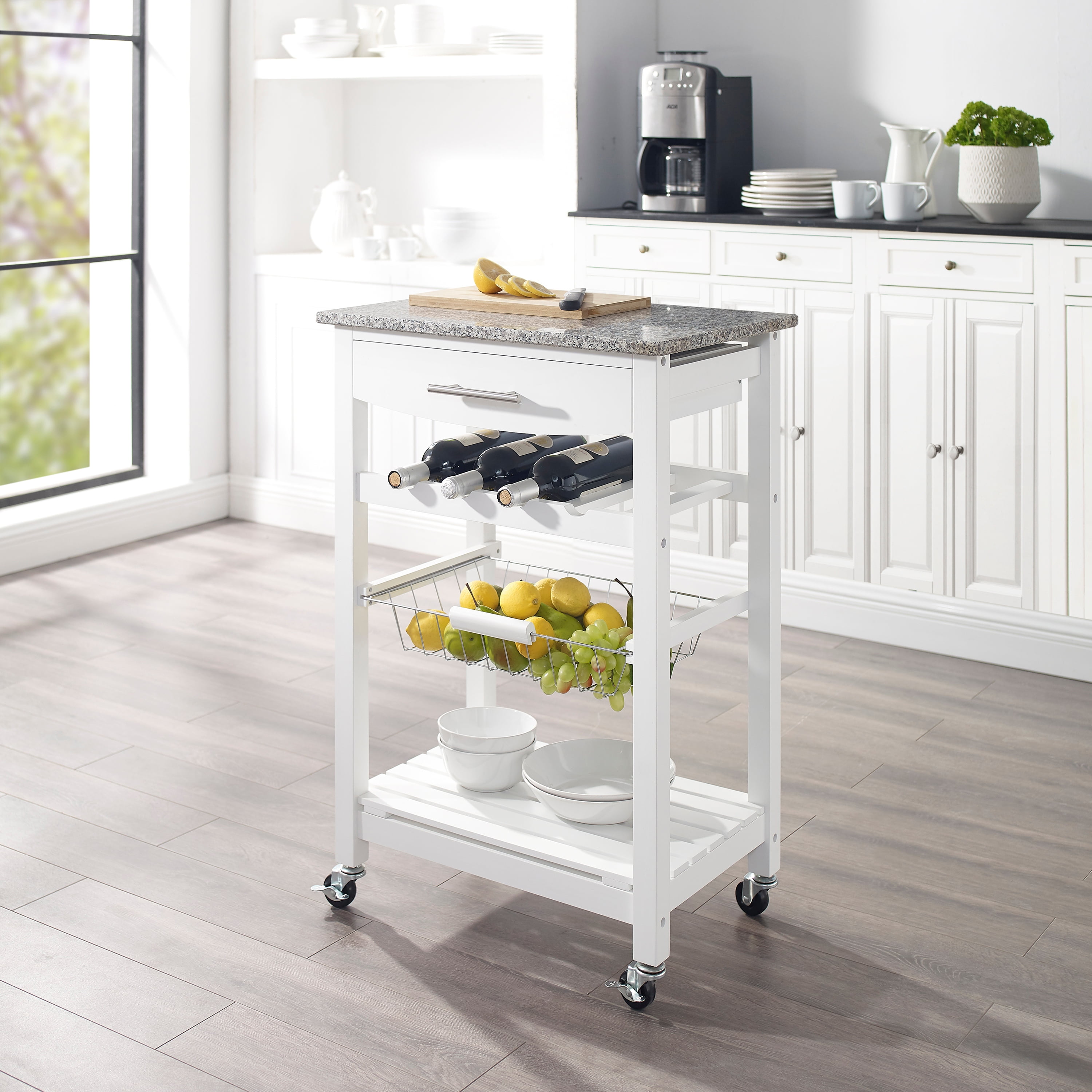 Linon Neyrey Mobile Kitchen Island, White Finish with Gray and White Speckled Granite Top