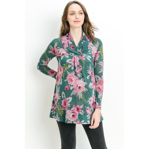 Green Floral Shawl Collar Maternity Tunic Sweater