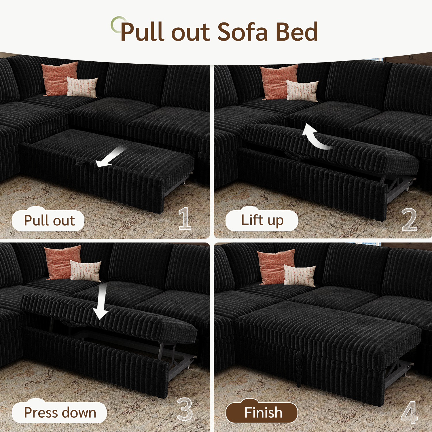 Marrber 106” Oversized Modern Plush Corduroy U-Shaped Modular 7-Seater Pull-Out Sectional Sleeper Sofa Bed with Hidden Storage for Living Room and Apartment, Pet-Friendly Fabric, Easy Assembly, Black