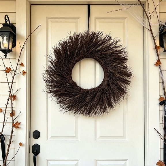 SLYNSHome Natural Dark Twig Front Door Wreath, Bare Branch Wall Hanging Decor, Rustic Dry Twig Wreath For Porch Entrance Indoor Outdoor Halloween Seasonal Home Decoration