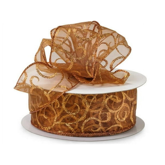 Copper with Copper Glitter Swirls Sheer Wired Ribbon, 2-1/2"x50 yard