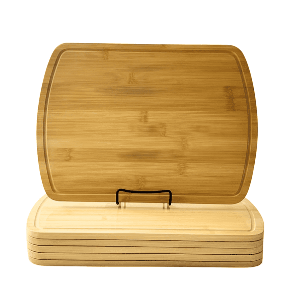 Set of 6, Bulk Bamboo Cutting Boards with Juice Groove, 15x11", Rounded Rectangle, Blank Wood for Engraving