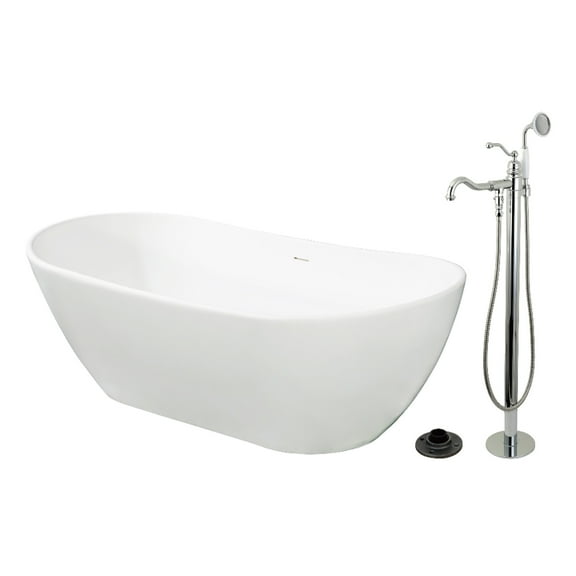 Kingston Brass KRTRS7232131AL 72" Solid Surface Oval Double Ended Freestanding Tub with Faucet Combo and Drain, Polished Chrome