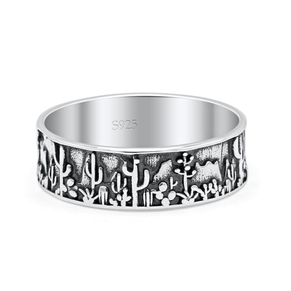 Desert Design Cactus Traditional Oxidized Band Solid 925 Sterling Silver Size 6