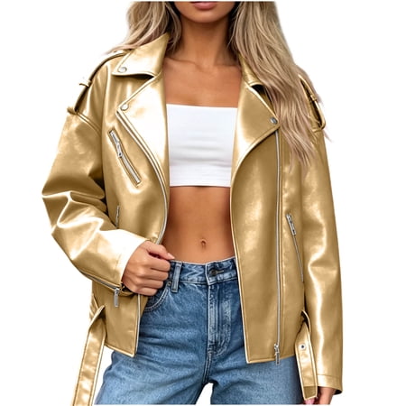 Mwjwdo Women s Lapel Asymmetric Zip Faux Leather Biker Vest Adjustable Waist Strap Wind Resistant Outer for Road Rides Gold M