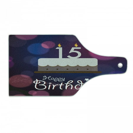 

15th Birthday Cutting Board Number 15 Burning Candles on Cake with Abstract Display Decorative Tempered Glass Cutting and Serving Board Wine Bottle Shape Blue Pink White by Ambesonne