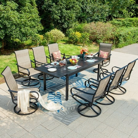 Summit Living 9-Piece Outdoor Patio Dining Set with High Back Swivel Padded Textilene Chairs & Extendable Table for 8-Person, Black & Grayish Brown