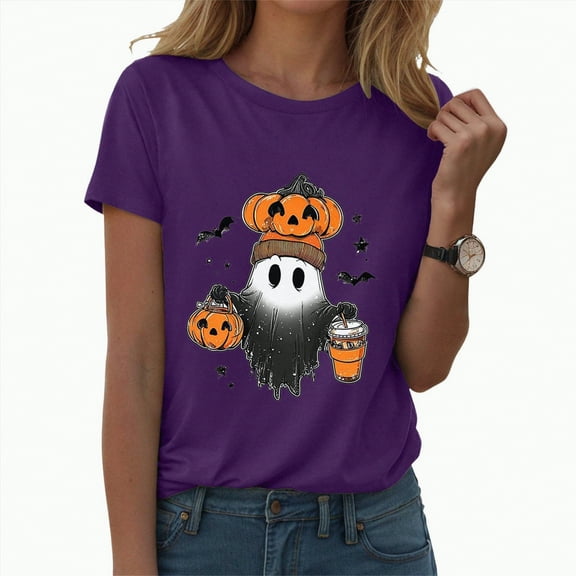 enyan Crew Neck Shirt Funny Family Party Celebration Short Sleeve Tee Pumpkin Graphic Cute Ghost Tops Halloween Women'sT-Shirts Purple,S