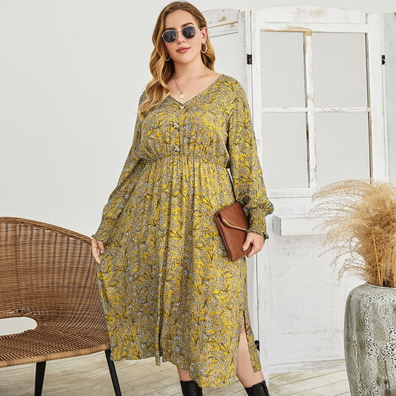Dresses for Women Maxi Dress Plus Plus Size Autumn Floral Midi Dress Slim Woven High Waist