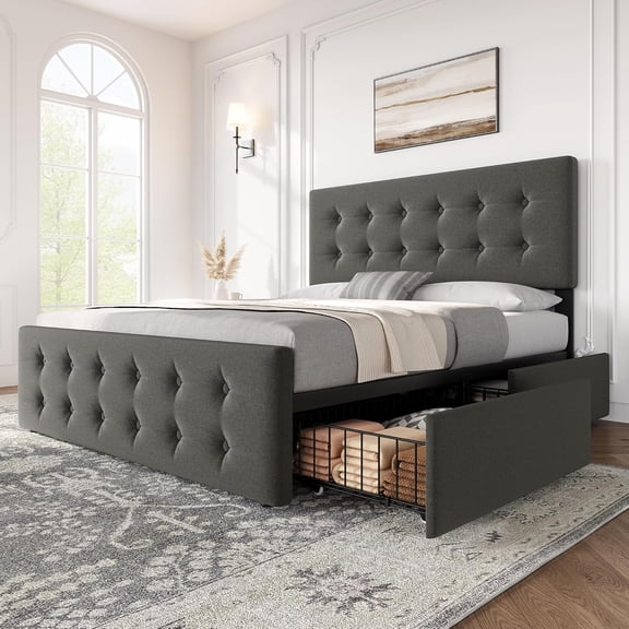 Full Size Bed Frame with Adjustable Headboard, Upholstered Platform Bed Frame with 4 Storage Drawers, Button Tufted Design, Wooden Slats Support, No Box Spring Needed