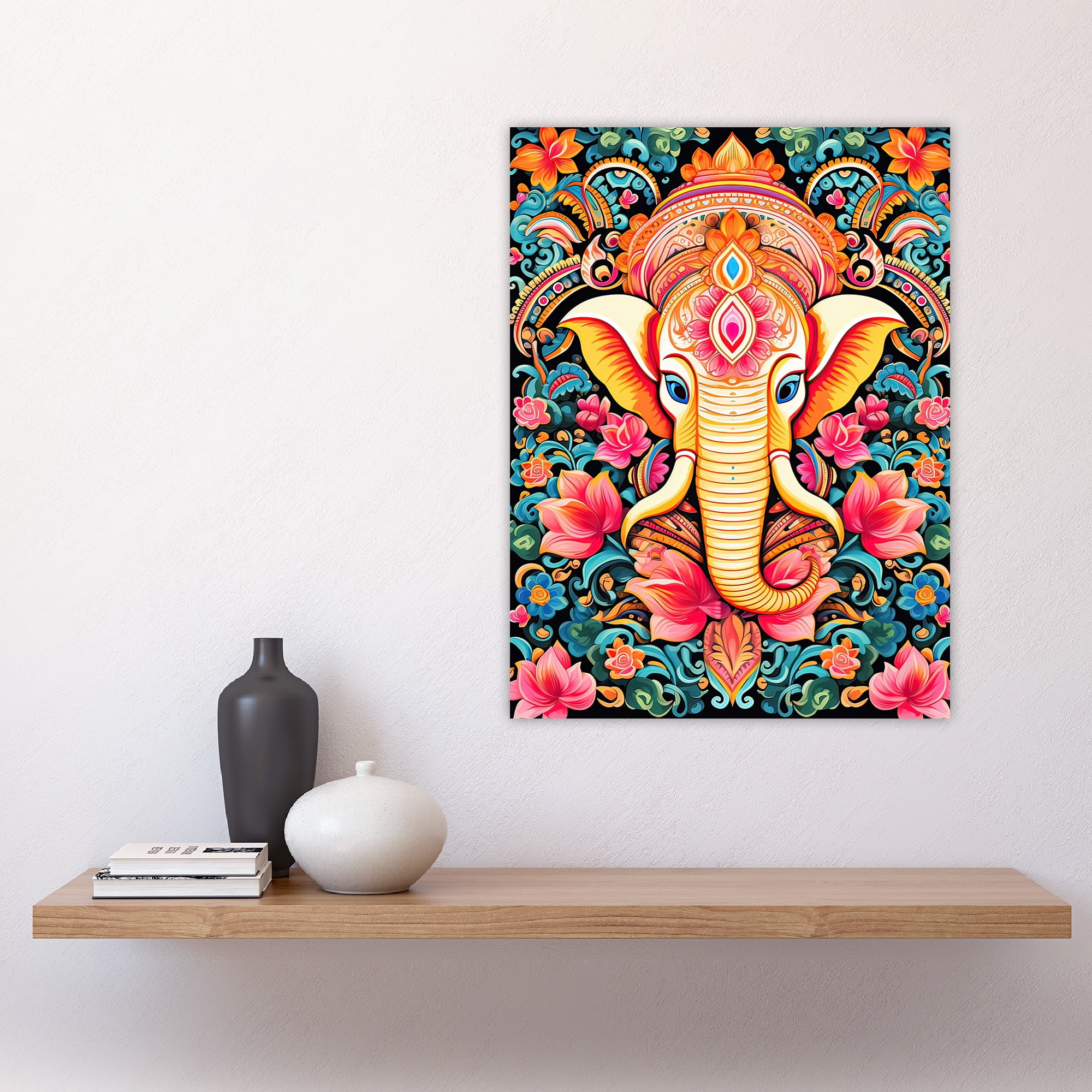 Hindu Floral Pattern with Elephant Vibrant Painting Orange Pink