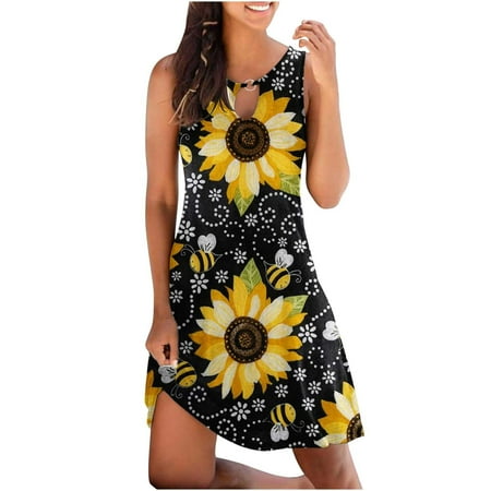 

Women Hollow Out Beach Sundress Casual Loose Summer Floral Printed Tank Dress Sleeveless Dresses Yellow XXXL
