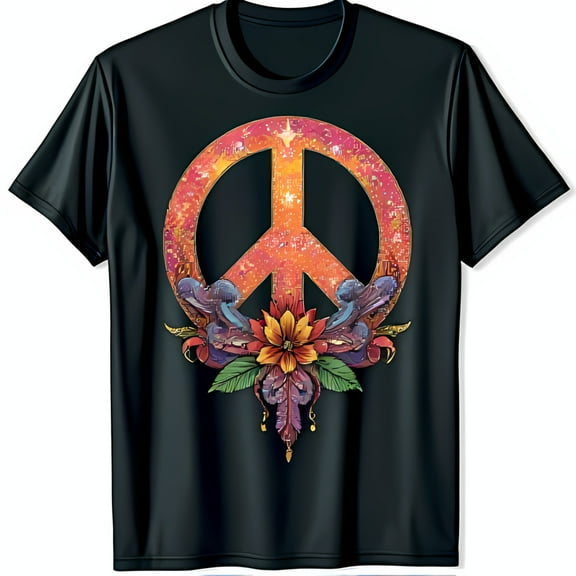 Colorful Floral Peace Sign Black T-Shirt for Men and Women Short Sleeve