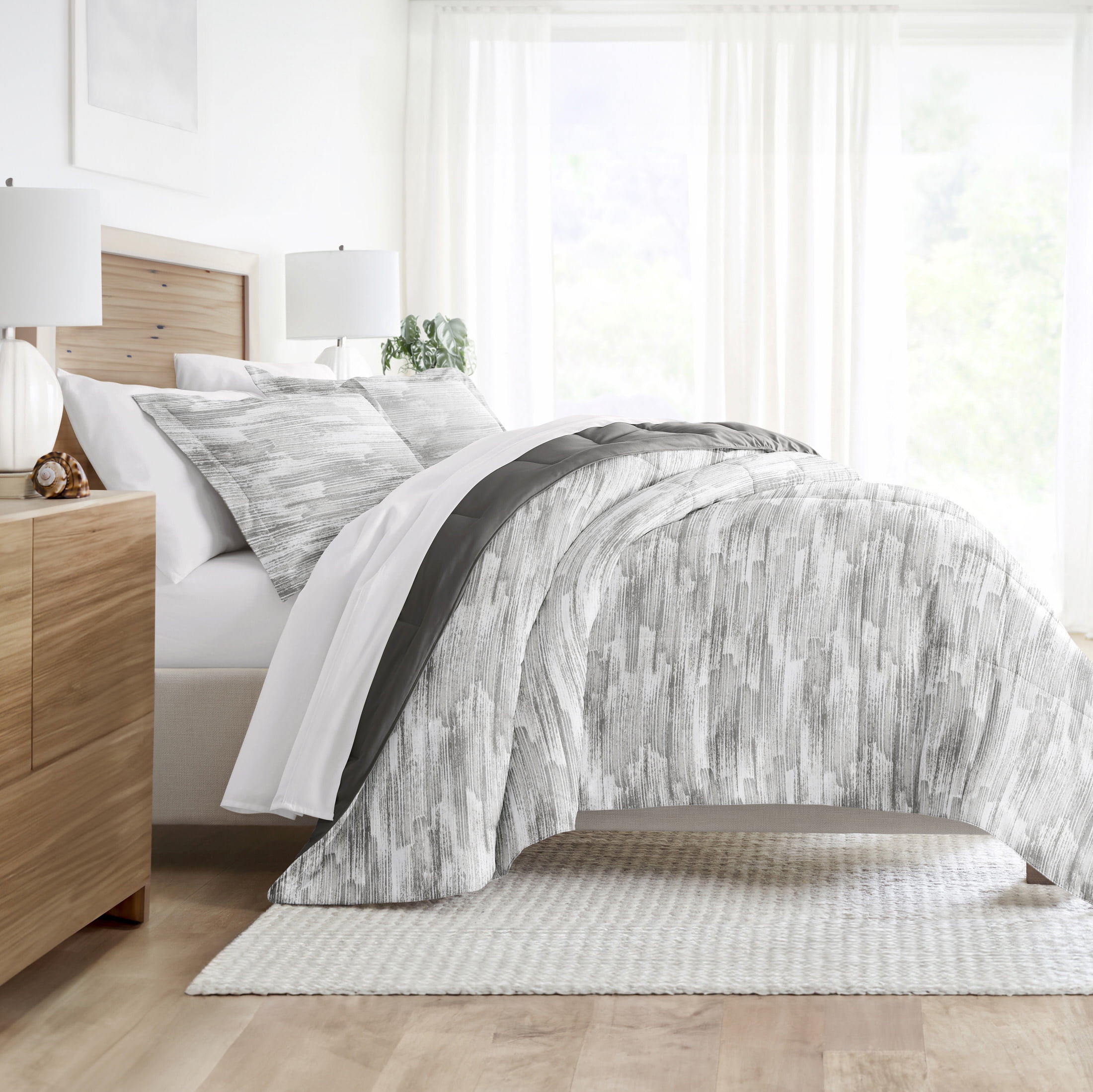 Noble Linens Down Alternative Textured Stripe Gray Reversible Comforter Set
