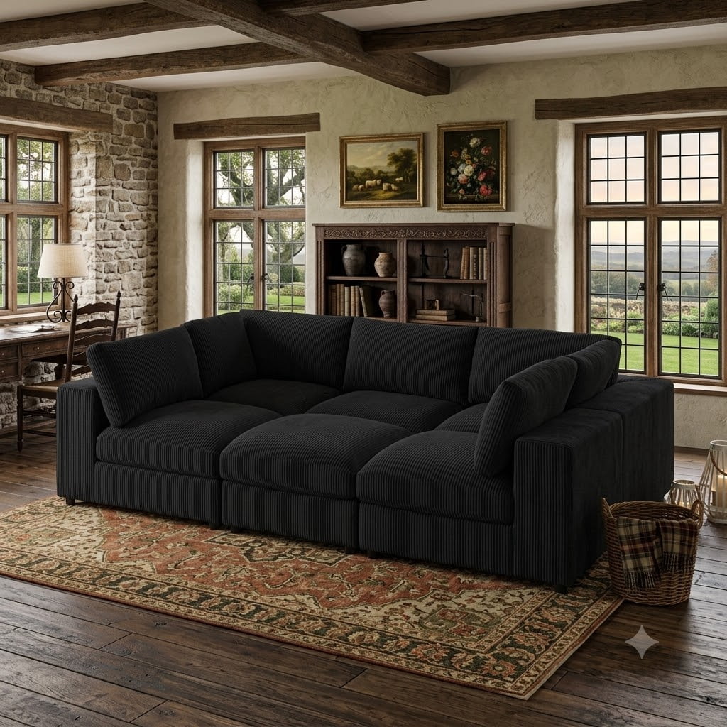 Howcool Cloud Couch Modular Sectional Sofa 6 Seat 122" L Shaped Reversible Convertible Couch, Corduroy Thick Cushion with Movable Ottomans, Washable Removable Cover for Living Room,Black