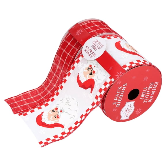 Holiday Time Red and White Santa and Plaid Christmas Ribbon, 21', 2 Pack