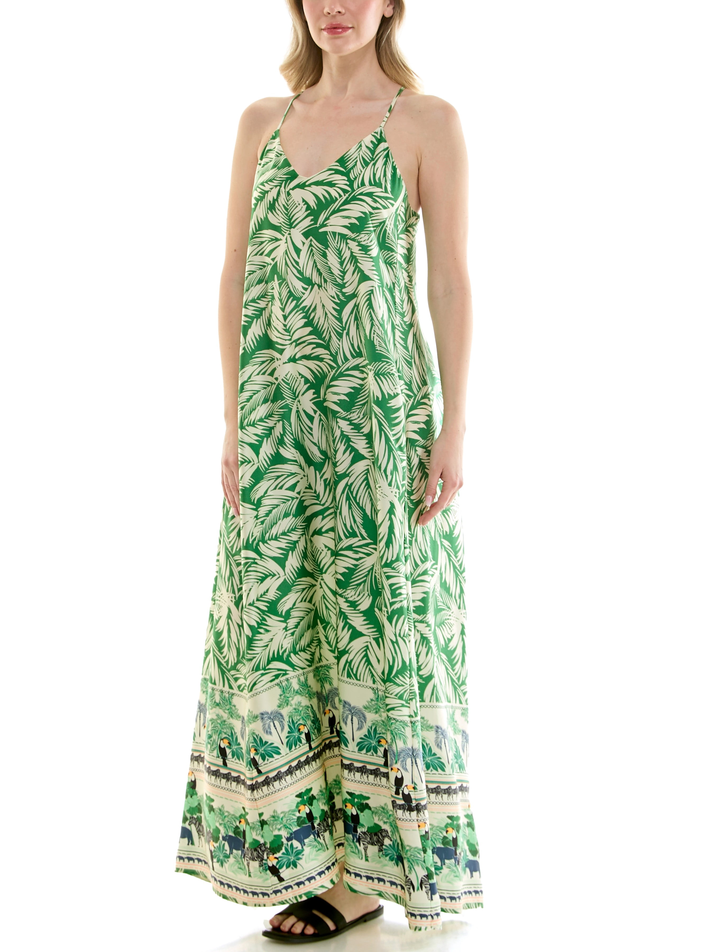 Tropical border print, full sweeping, satin maxi slip dress with built in shelf bra and pockets.,S-XL