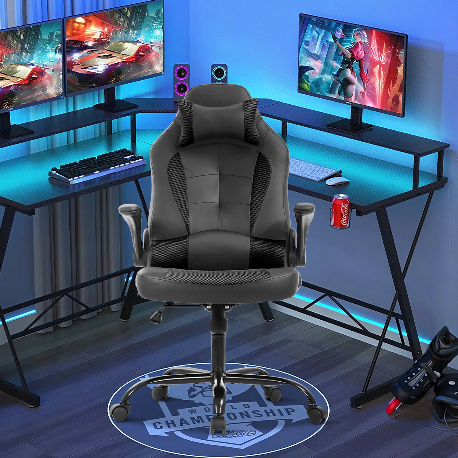 Video Game Chair High Back Gaming Chair PU Leather Racing Chair with Headrest Lumbar Support & Flip-up Arms , Adjustable Gamer Chair for Adults & Kids, Black