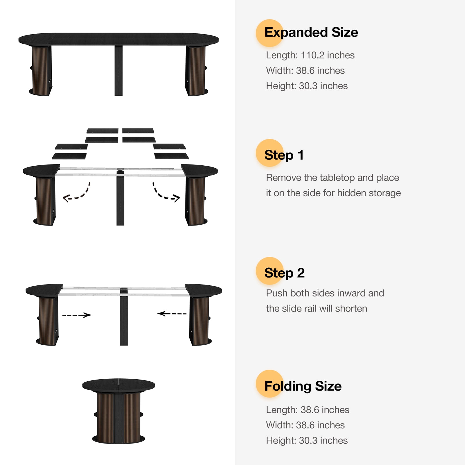 Advwin Extendable Dining Table for 2-12 People, 38" to 110" Space-Saving Folding Table with Storage &  Fluted Base, Modern Wooden Expandable Table for Dining Room, Party, Meeting, Wedding, Black