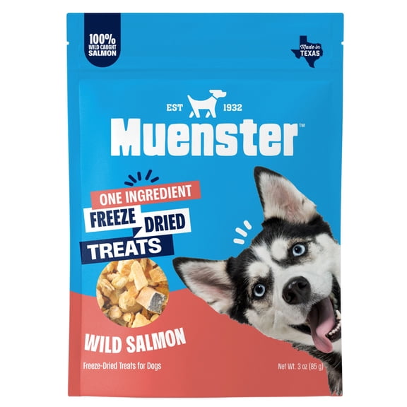 Muenster Freeze-Dried Wild Salmon Dog Treats, Single Ingredient High-Protein Dog Snacks, Skin & Coat Support, Grain-Free Training Treats, 3 oz Resealable Pouch