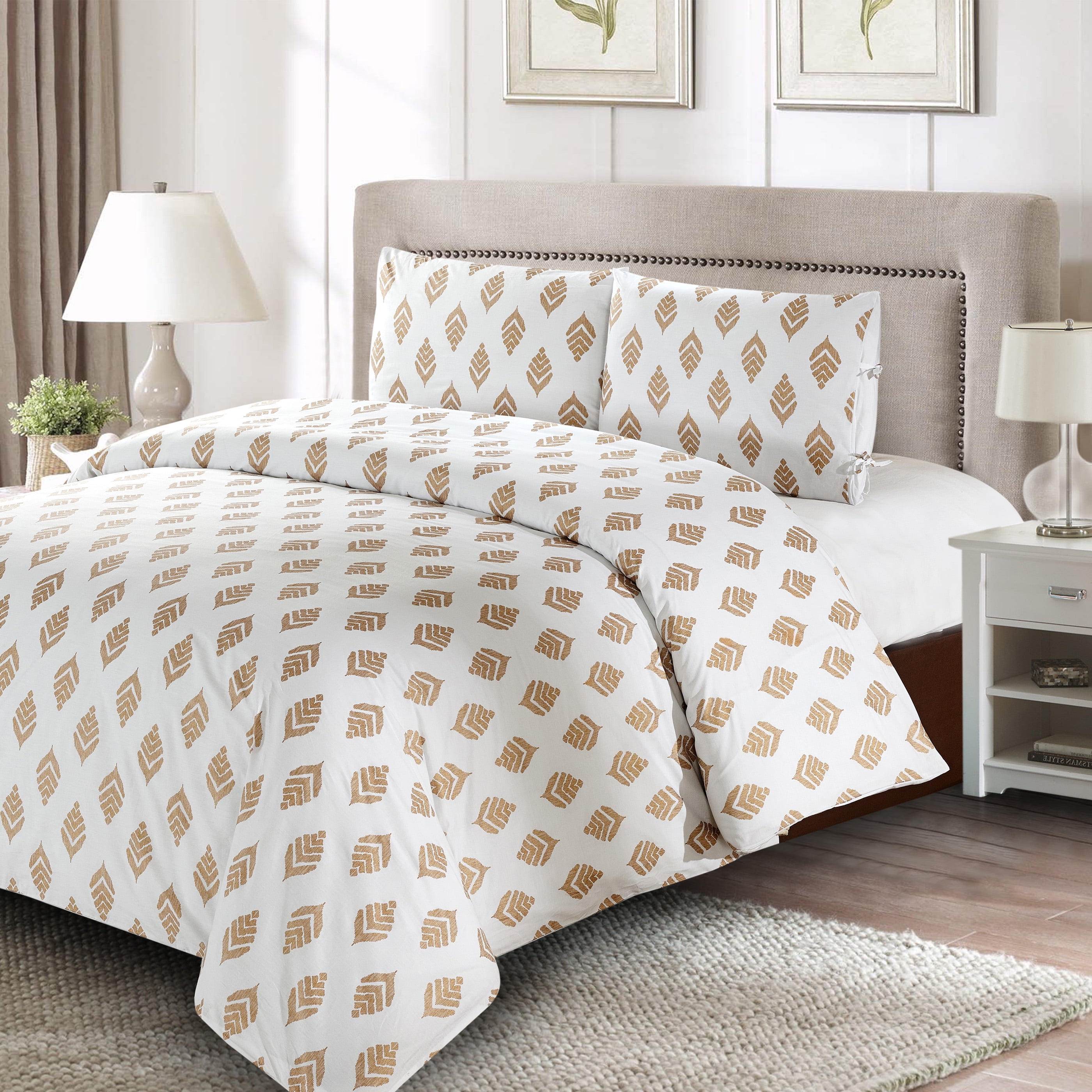 Gold Leaf 3pc Duvet Cover Set Abstract Gold Leaves Pattern 100