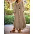 thumbnail image 4 of Women Summer Long Sleeve Neck Maxi Linen Shirt Dress Loose Button Down Tunic Shift Dress Khaki XXXL, 4 of 6