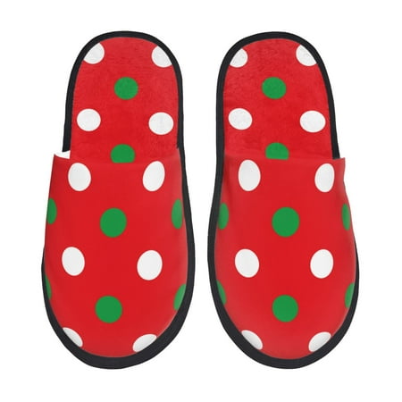 Balery White and Green Polka Dot Slient Indoor Furry Fleece Comfort House Shoes Soft Non-Slip Home Shoes Cotton slippers House Slippers-- Large