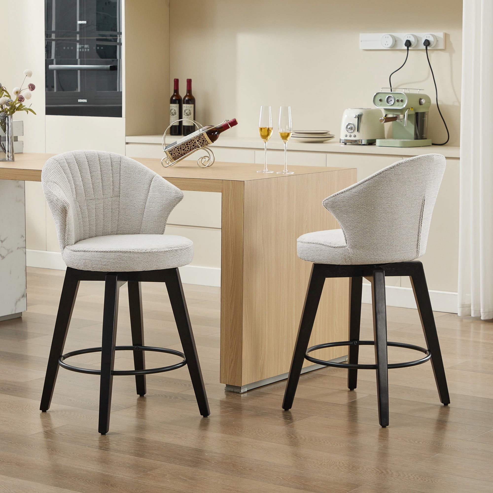 PORKISS Bar Stools Set of 2, Chenille Upholstered Swivel Counter Stools with Wide Backrest, Modern 360° Swivel Barstools for Bar, Kitchen Island, Dining Room, White