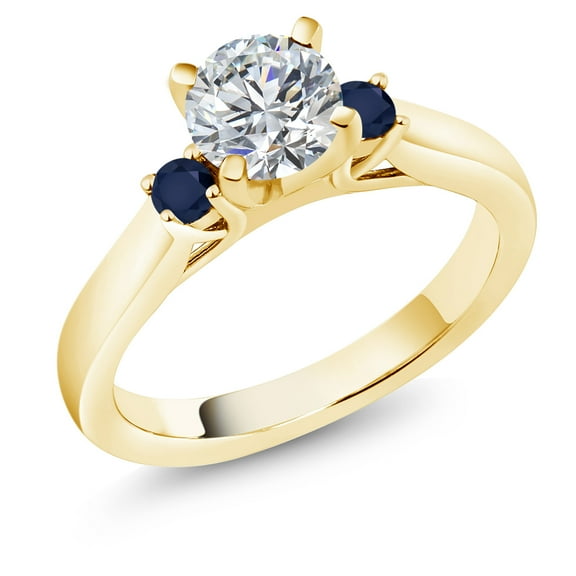 Gem Stone King 18K Yellow Gold Plated Silver Lab Grown Diamond and Blue Sapphire Engagement Ring for Women | 0.86 Cttw | Round 6MM | Gemstone April Birthstone | Size 6