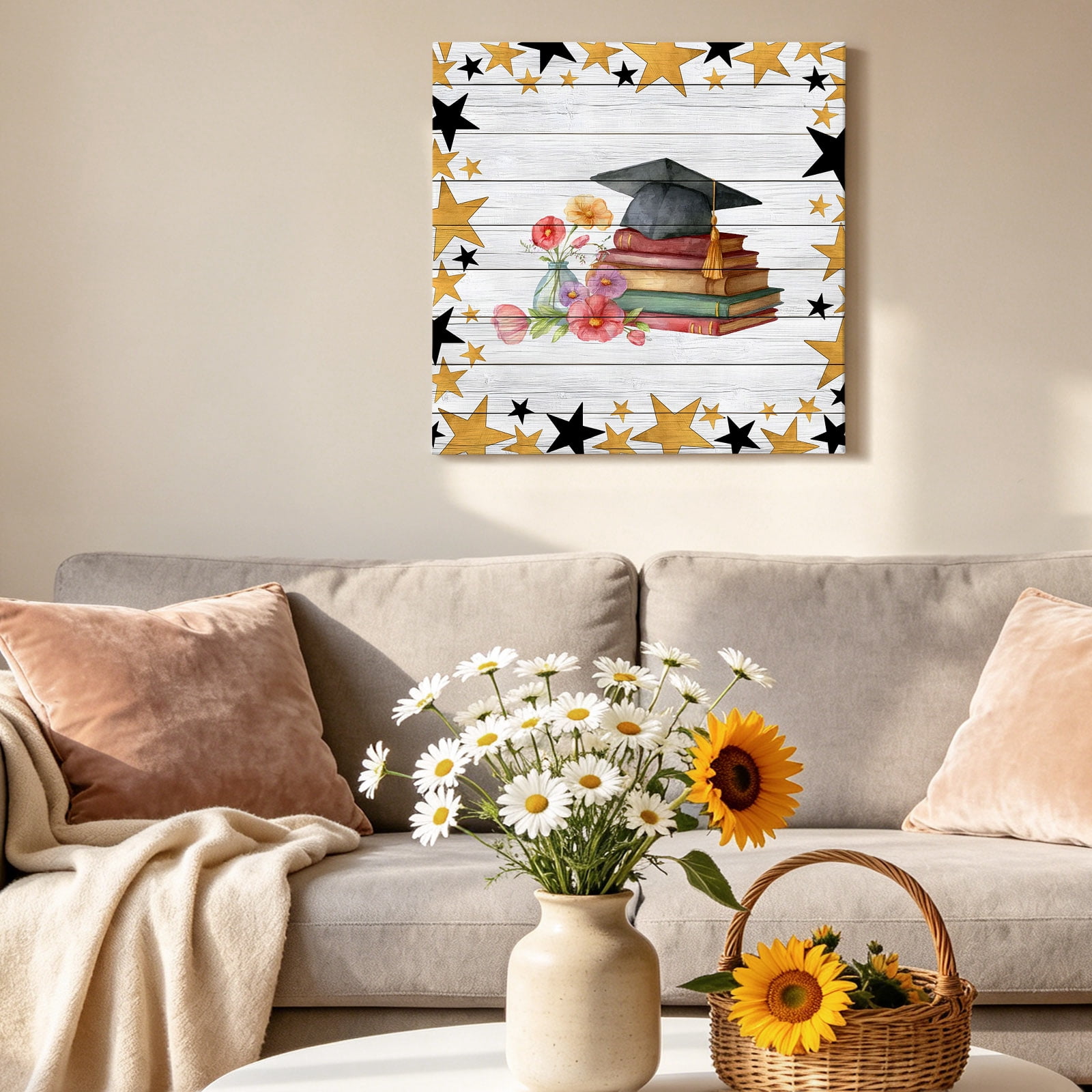 Graduation Cap Canvas Wall Art for Living Room, Watercolor Red Flower Gold Star Vintage Book Wood Striped Poster Print Painting for Bedroom Office Home Decor Wall Pictures Prepare To Hang 16"x16"