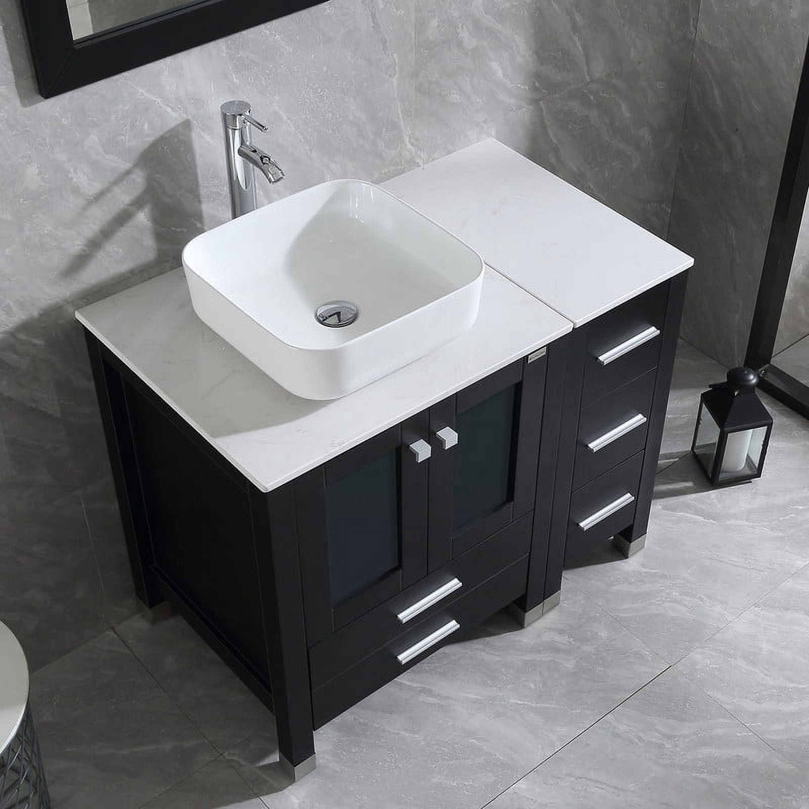 Walsport 36” Black Bathroom Vanity and Sink Combo Wood Cabinet Top Square Ceramic Vessel Sink Faucet Drain Combo with Mirror Vanities Set,Black