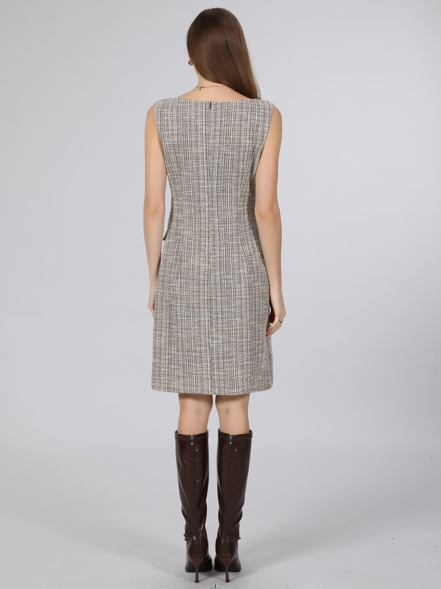 DARING DIVA Women's Sleeveless Elegant Tweed Boat Neck Sheath Dress XL Brown Yellow