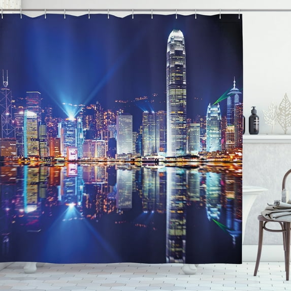 Ambesonne City Shower Curtain, Hong Kong Island Modern, 69"Wx84"L, Royal Blue Orange White